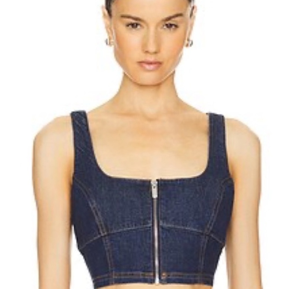 Amanda Uprichard Dark Wash Denim Zip Front Crop Top